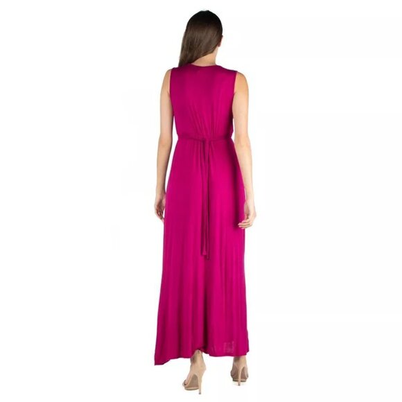 24seven Comfort Apparel Magenta V-Neck Sleeveless Belted Maxi Dress - Picture 3 of 9